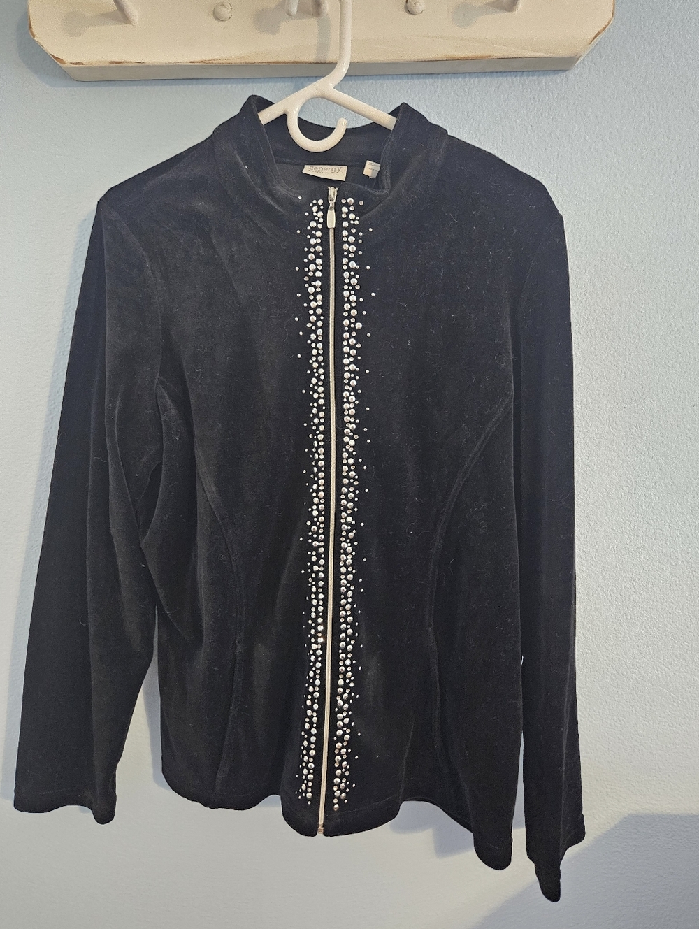 Chicos Black Velour Jacket with Front Rhinestone Trim And Pants